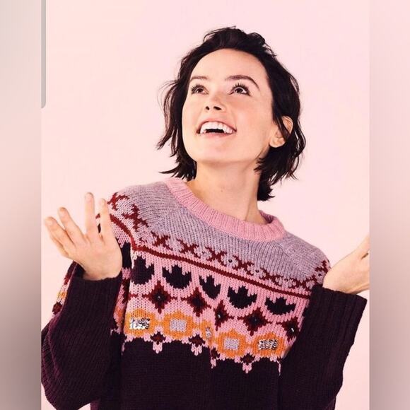 CINQ‎ a SEPT Gianni Fair Isle Sweater Burgundy Wool Sequins Geometric small NEW - Picture 2 of 10